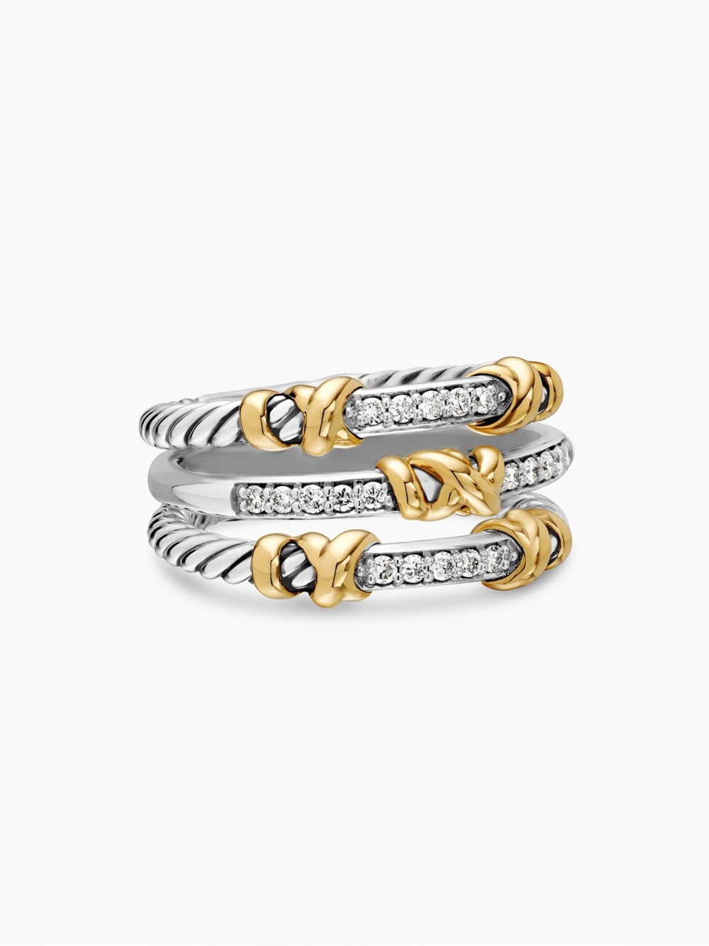 David Yurman Petite Helena Three Row Ring 18K Gold Diamond Sterling Silver 8
